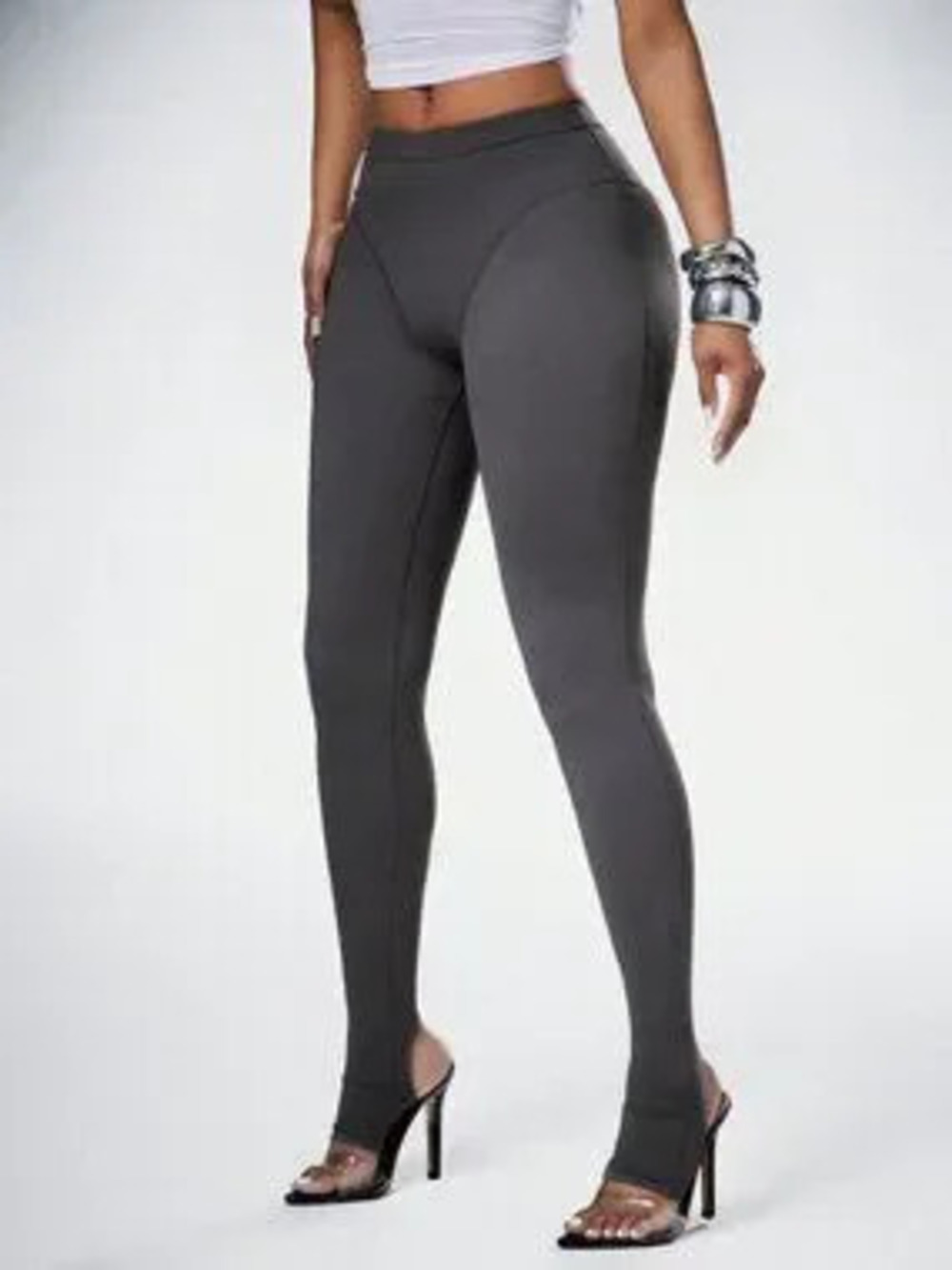 Dark Grey Casual Women's High Rise Studded Extra Long Plain Stirrup Leggings